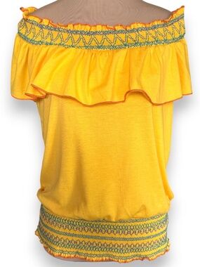 CHANCES R Yellow Off Shoulder Smocked Embroidered Top Size XL